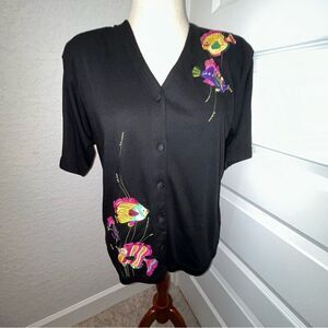 Vintage Lisa International Fish Print Button Front Short Sleeve Shirt Top